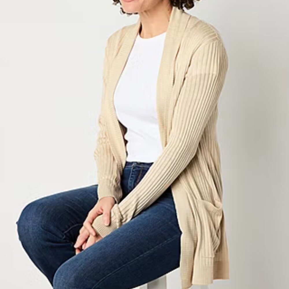 Liz Claiborne Cardigan Sweater Womens XXL Beige Open Ribbed Knit Pockets NWT‎